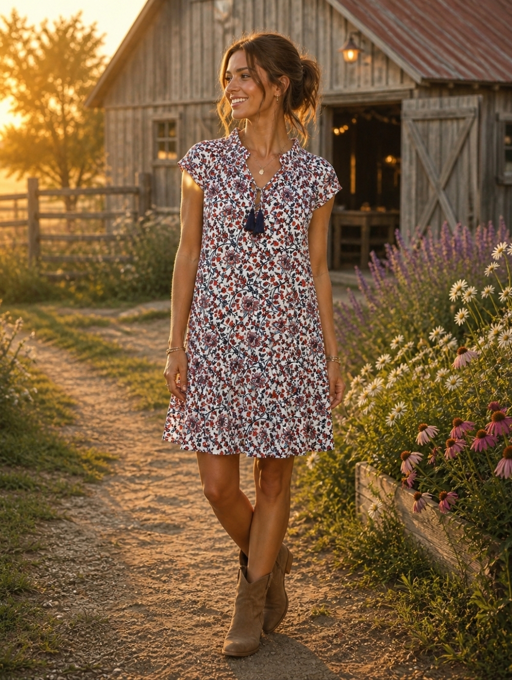 TRISTAN Magnifique Robe Féminine Motif Floral Rouge Et Marine Style Country
